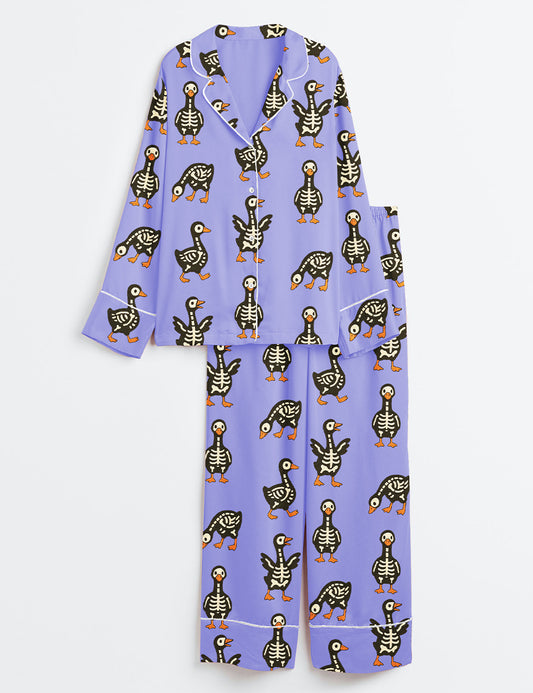 Women’s Skull Duck Skull Goose Halloween Long Sleeve Satin Pajama Set