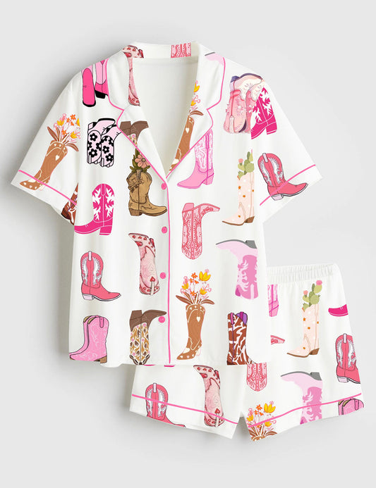 Women's Colorful Cowboy Boot Flowers Short Sleeve Satin Pajama Set