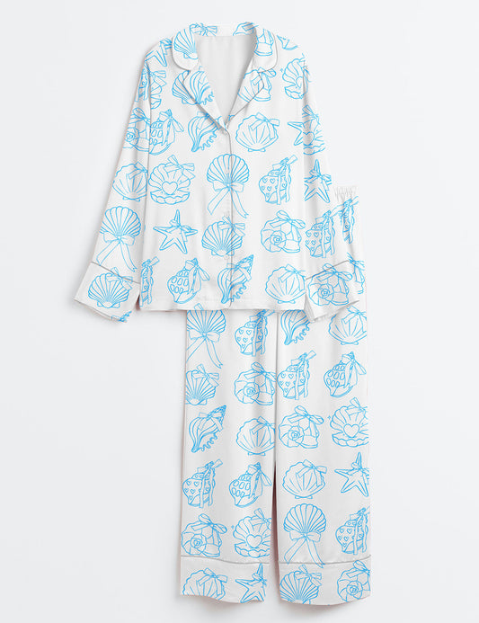 Women’s Retro Coquette Seashell Sea Pastel Coastal Summer Girly Shell With Bow Preppy Fisherman Aesthetic Print Long Sleeve Satin Pajama Set
