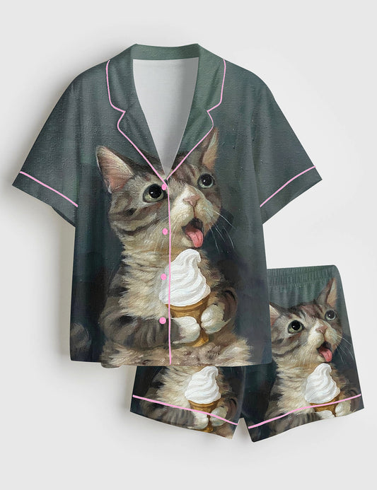 Women’s Cat Eating Ice Cream Short Sleeve Satin Pajama Set