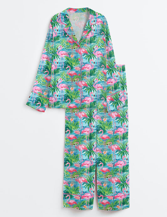 Women’s Flamingo Fling Summer Beach Plant Long Sleeve Satin Pajama Set