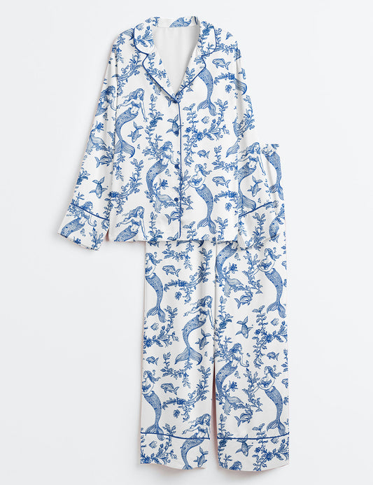 Women’s Mermaids Toile de Jouy Print Long Sleeve Satin Pajama Set