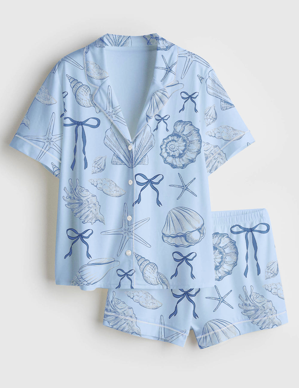 Women’s Coquette Seashell Beach Coastal Summer Vibes Bachelorette Short Sleeve Satin Pajama Set