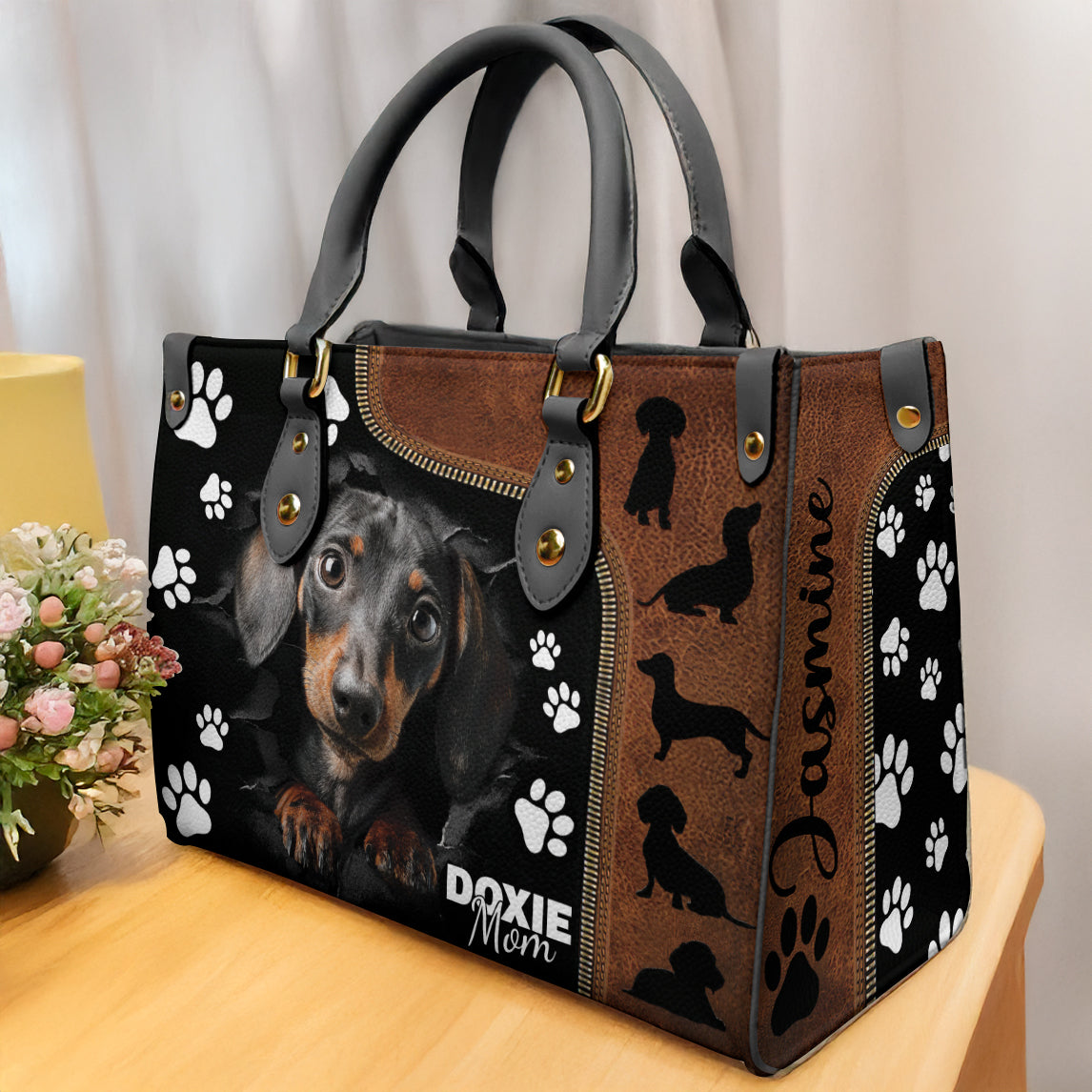 Lorva Personalized Leather Bag Doxie Mom