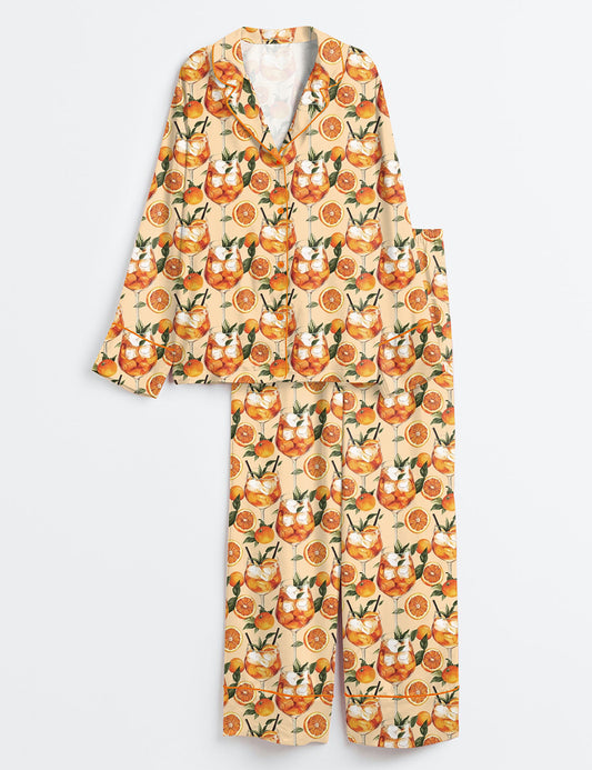 Women’s Aperol Spritz Italian Cocktail Party Oranges Summer Beach Aperitivo Italy Theme Print Long Sleeve Satin Pajama Set