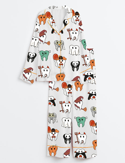Women’s Halloween Funny Teeth Spooky Dentist Dental Hygiene Long Sleeve Satin Pajama Set