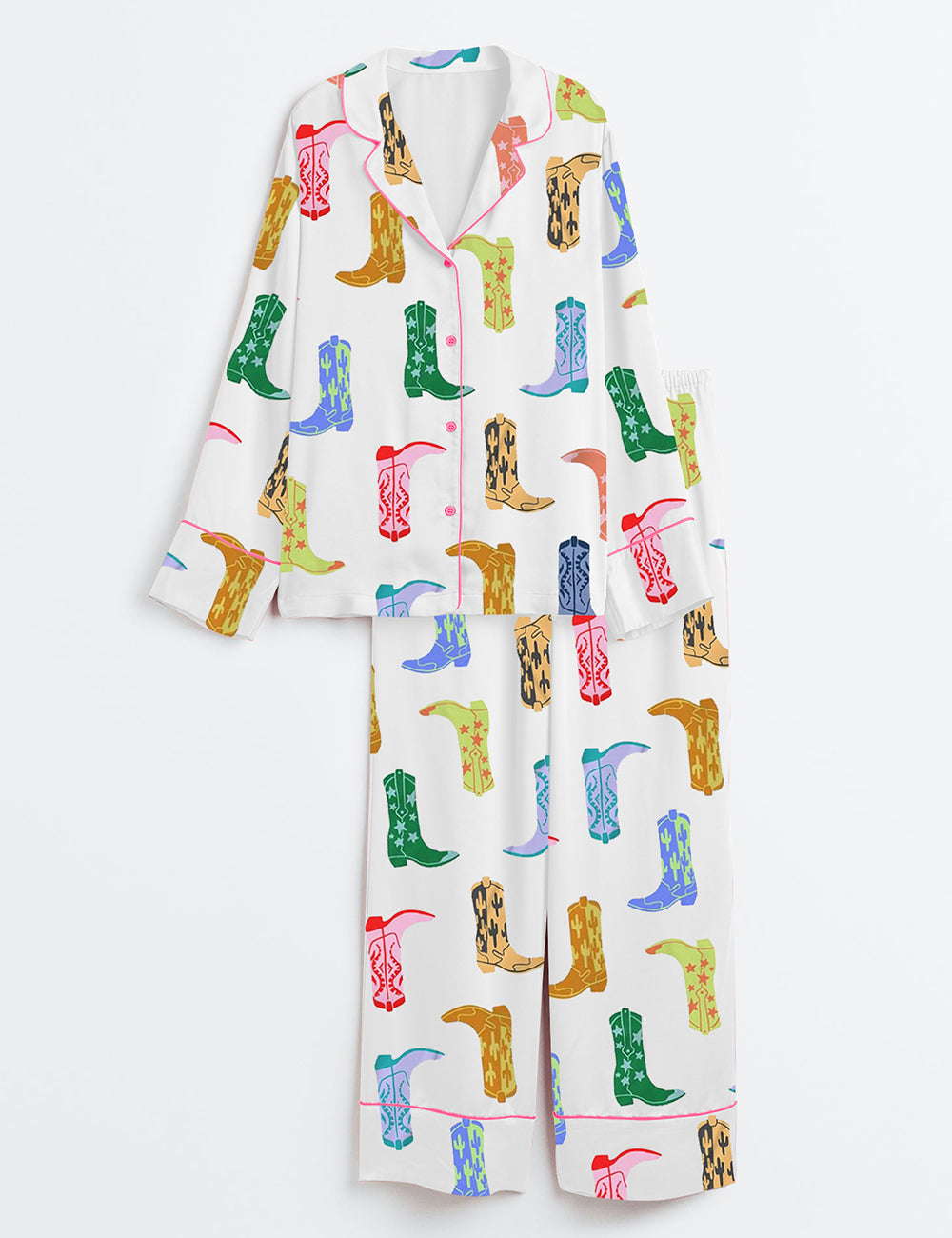 Women's Colorful Cowboy Boot Long Sleeve Satin Pajama Set