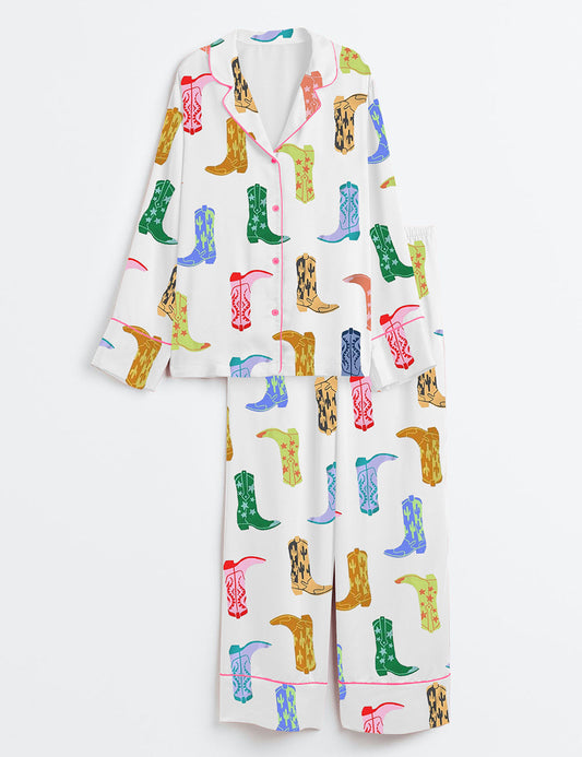 Women's Colorful Cowboy Boot Long Sleeve Satin Pajama Set