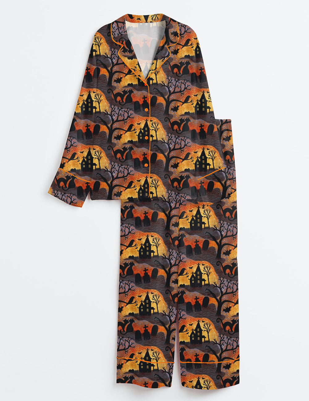 Women’s Spooky Halloween Haunts Trick Or Treat Horror Night Black Cat Long Sleeve Satin Pajama Set