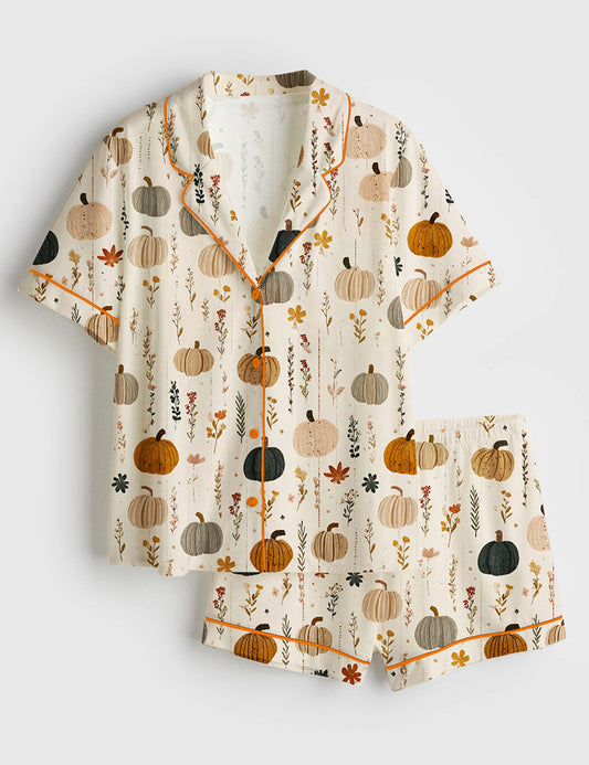 Women’s Boho Pumpkin Autumn Flowers Watercolor Fall Floral Short Sleeve Satin Pajama Set