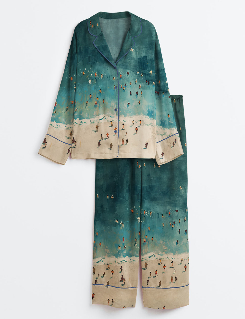 Women’s Tiny People Swimming In Ocean Summer Beach Travel Long Sleeve Satin Pajama Set