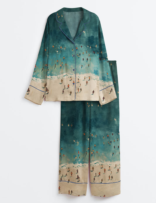 Women’s Tiny People Swimming In Ocean Summer Beach Travel Long Sleeve Satin Pajama Set