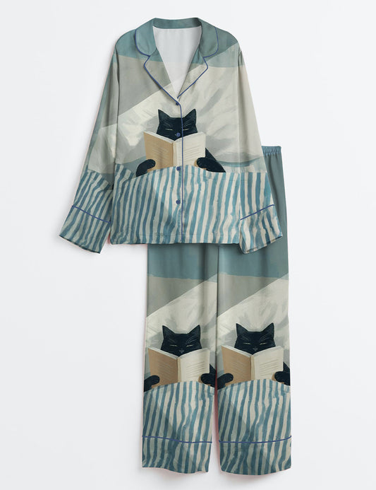 Women’s Black Cat Reading Print Cozy Cat Book Lover Long Sleeve Satin Pajama Set