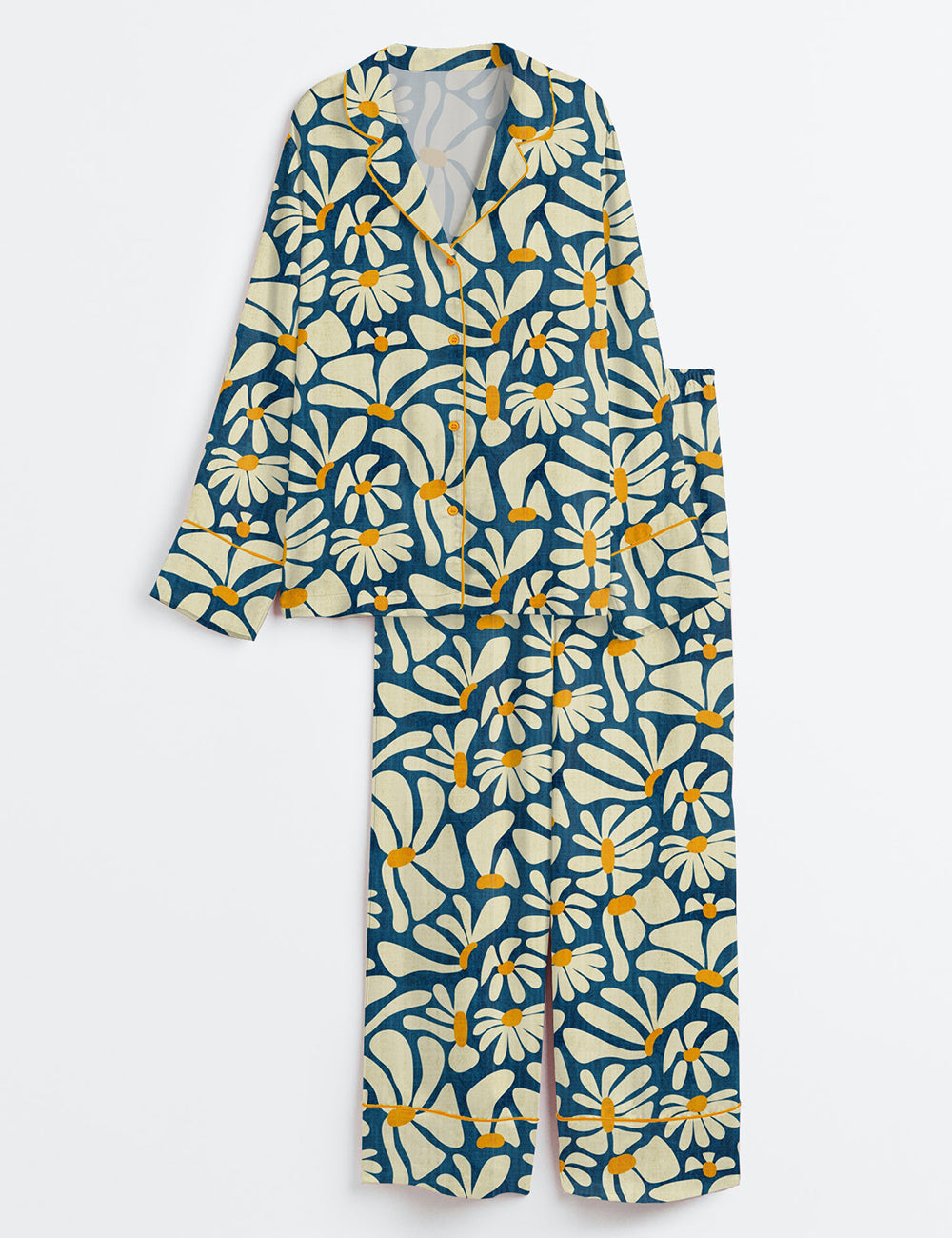Women’s Retro Daisy Flower Power Blue Floral Vintage Groovy Print Long Sleeve Satin Pajama Set