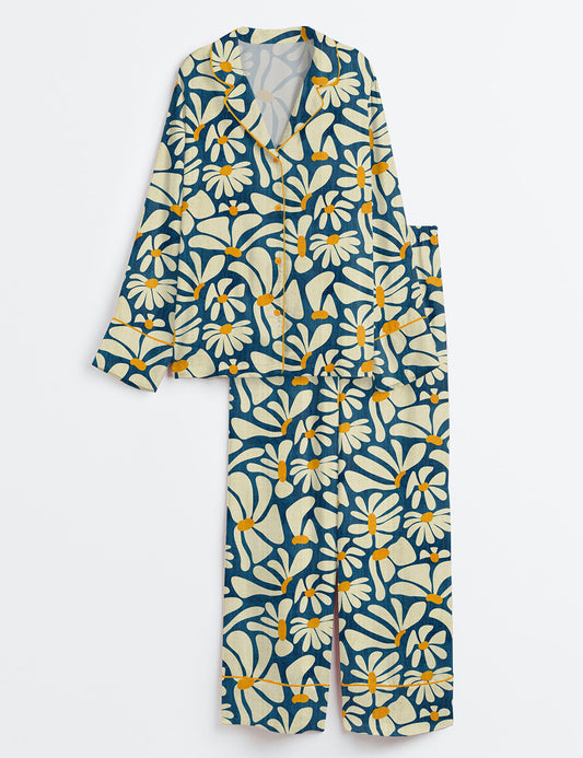Women’s Retro Daisy Flower Power Blue Floral Vintage Groovy Print Long Sleeve Satin Pajama Set