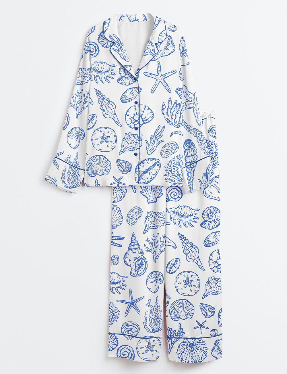 Women’s Seashells And Coastal Treasures Seaside Ocean Shell Long Sleeve Satin Pajama Set