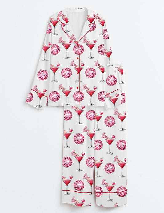Women's Valentine's Day Cocktail Glass Long Sleeve Satin Pajama Set