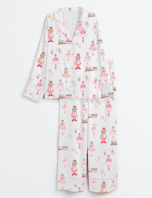Women’s Pink Christmas Nutcracker Ballet Ballerina Holiday Print Long Sleeve Satin Pajama Set