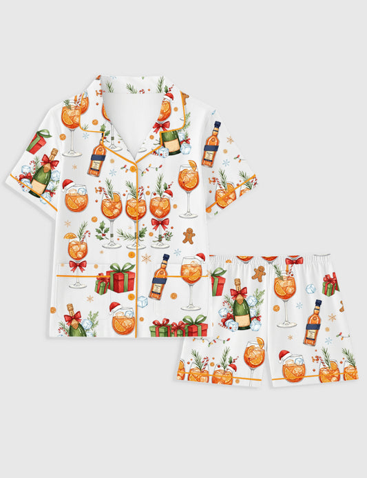 Women's Christmas Champagne Cocktail Martini Holiday Whisky Short Sleeve Pocket Cotton Family Pajama Set