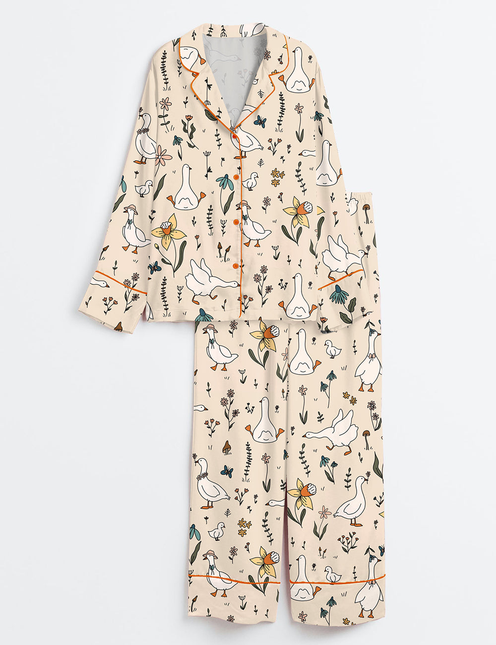 Women’s Silly Goose Hand Drawn Art Geese Farm Cute Animal Print Long Sleeve Satin Pajama Set