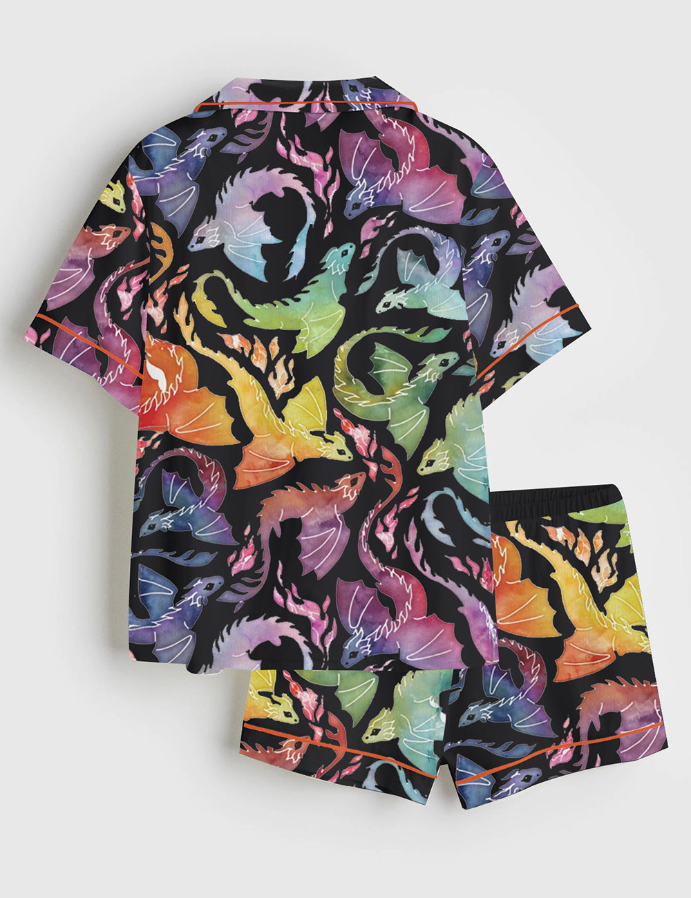 Women’s Dragon Fire Rainbow Black Short Sleeve Satin Pajama Set