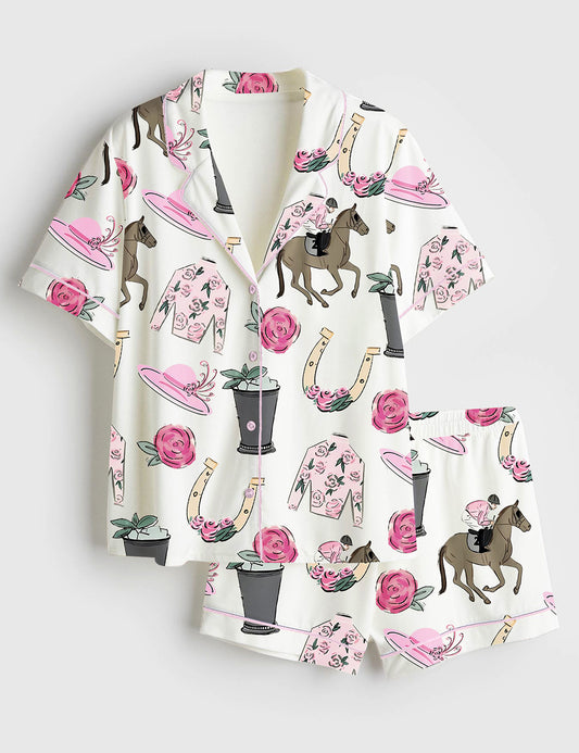 Women’s Kentucky Derby Vibes Run For The Roses Horse Racing Western Pink Short Sleeve Satin Pajama Set