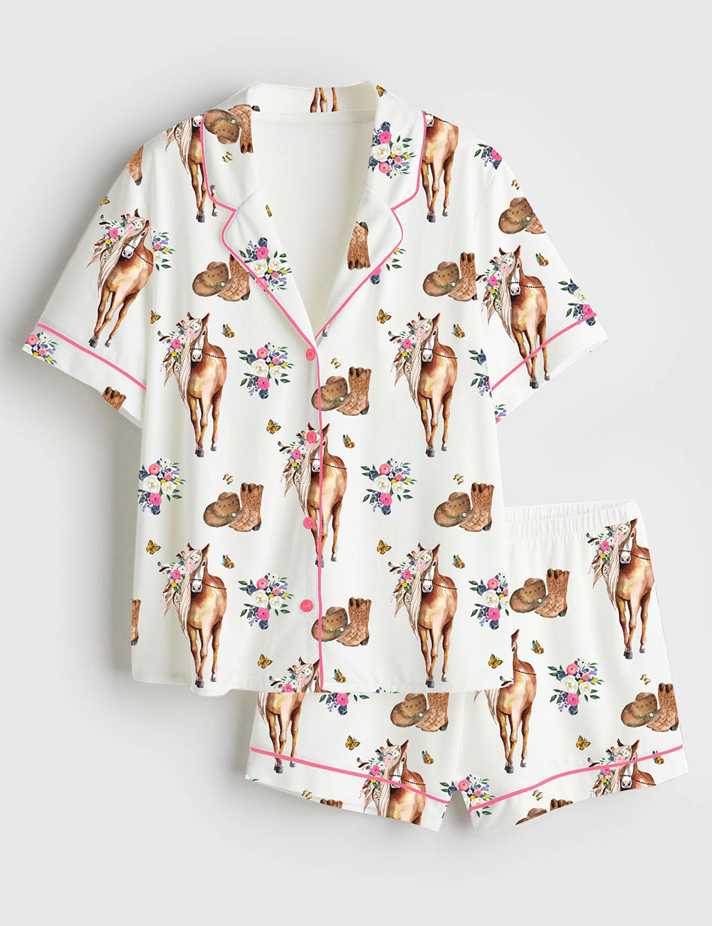 Women’s Floral Horse Western Cowgirl Boots Short Sleeve Satin Pajama Set