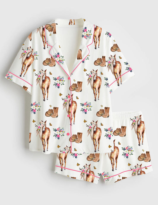 Women’s Floral Horse Western Cowgirl Boots Short Sleeve Satin Pajama Set