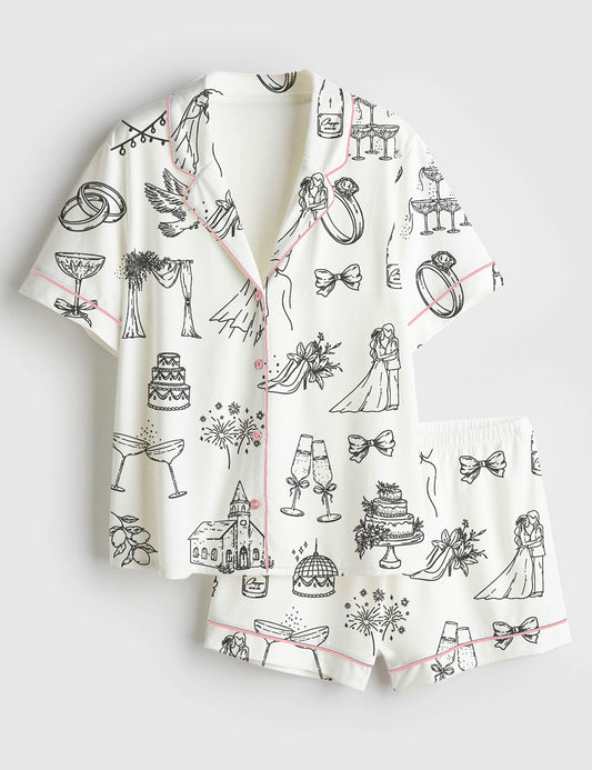 Women’s Hand Drawn Wedding Icons Champagne Wedding Timeline Print Short Sleeve Satin Pajama Set