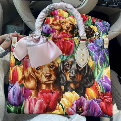 Dachshund Leather Bag Tulip Garden