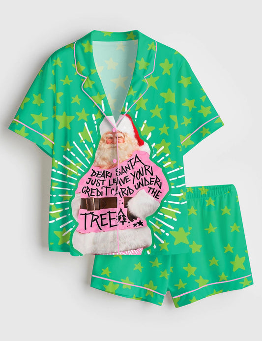 Women’s Dear Santa Just Leave Your Credit Card Under The Tree Christmas Short Sleeve Satin Pajama Set