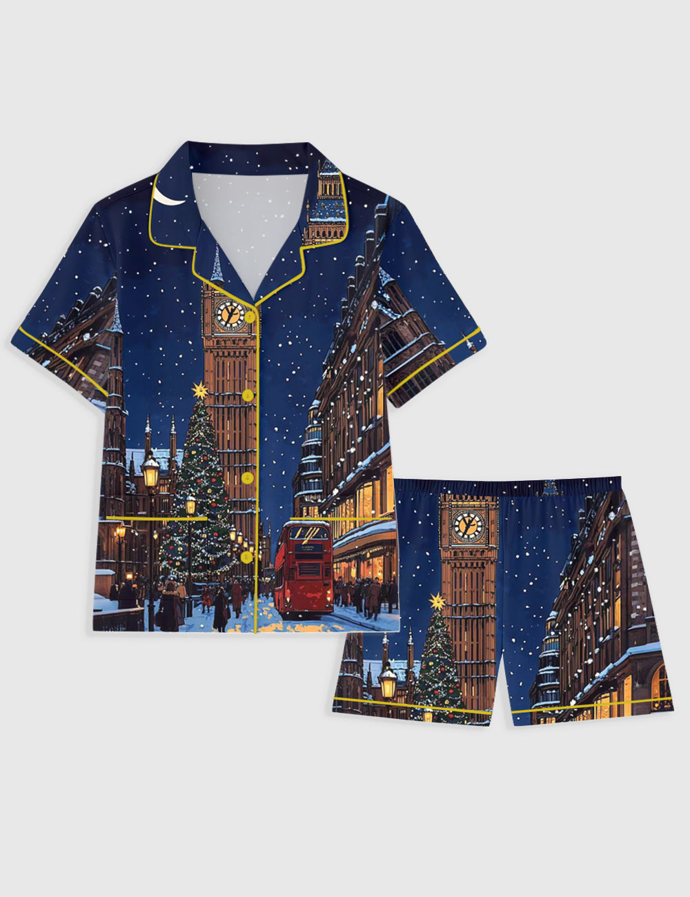 Women's Christmas In New York London Short Sleeve Pocket Cotton Pajama Set