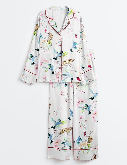 Women’s Bird And Butterfly Long Sleeve Satin Pajama Set