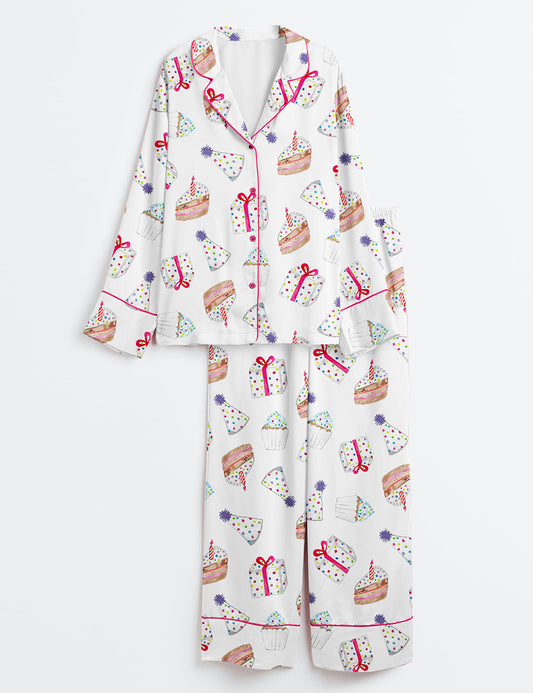 Women’s Birthday Party Long Sleeve Satin Pajama Set
