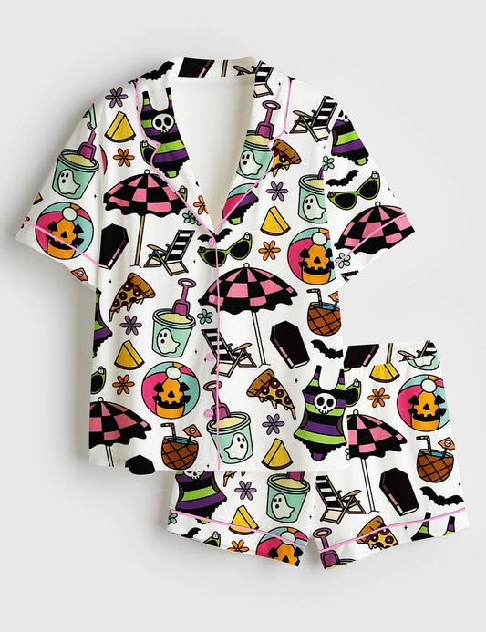 Men’s Summerween Halloween Ghost Slasher Scary Summer Sandy Ghouls Print Short Sleeve Satin Pajama Set