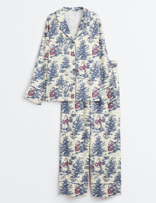 Women’s Vintage Christmas Winter Holiday Snowman Lovers Long Sleeve Satin Pajama Set