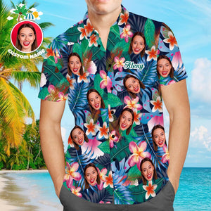 Custom Face Shirt Men's Hawaiian Shirt with Text Personalized Photo Colorful Flowers Tshirts