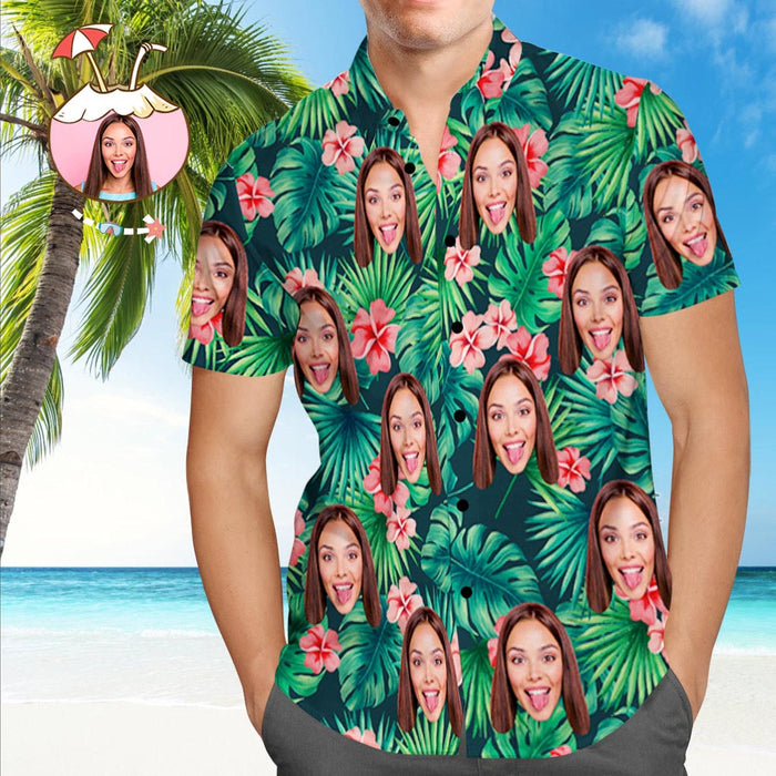 Custom Tropical Shirts Custom Pet Face Hawaiian Shirt Leaves & Flowers Shirt