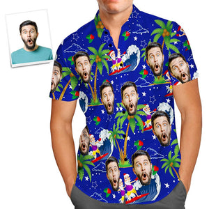 Custom Face Shirt Personalized Photo Men's Hawaiian Shirt Christmas Gift - Surfing Santa