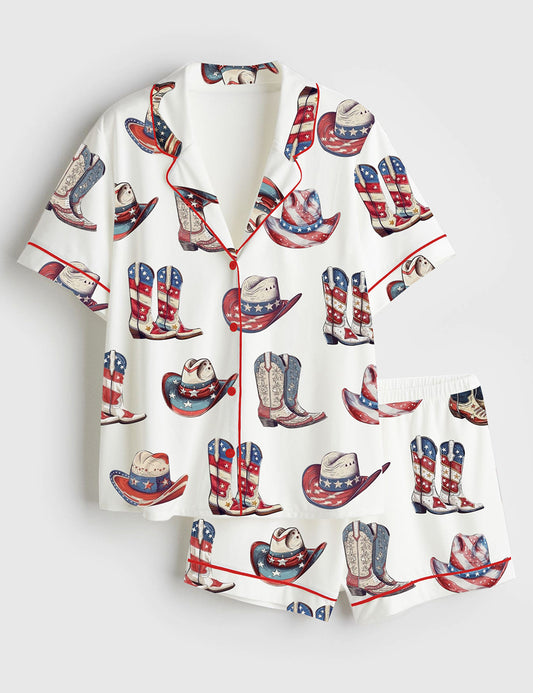 Women's 4th of July Patriotic Western Cowgirl Short Sleeve Satin Pajama Set