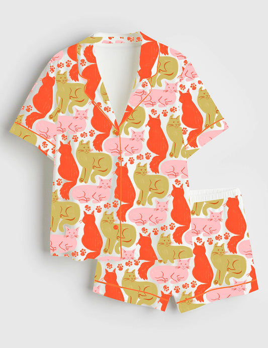 Women’s Colorful Cute Cat Short Sleeve Satin Pajama Set