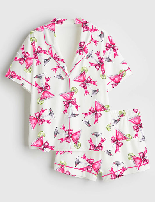 Women’s Cosmopolitan Martini Glass With Lime And Bow Short Sleeve Satin Pajama Set