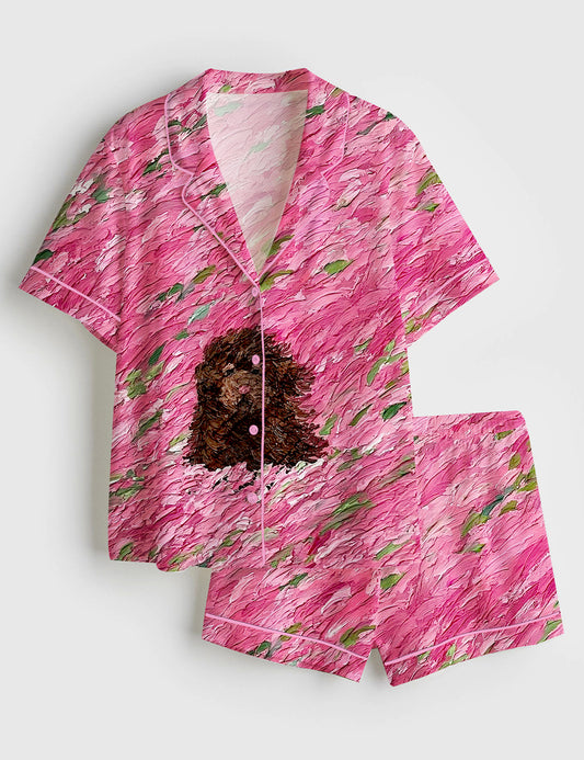 Women’s A Brown Creature In A Pink Blossom Field Short Sleeve Satin Pajama Set