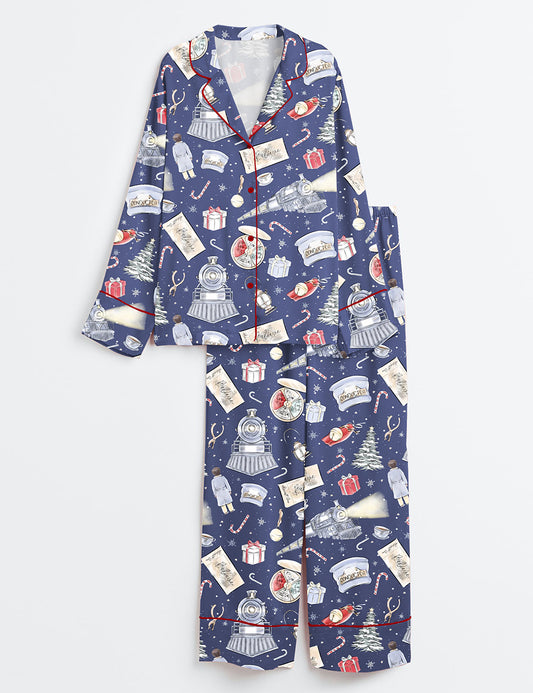 Women’s Express Christmas Train Long Sleeve Satin Pajama Set