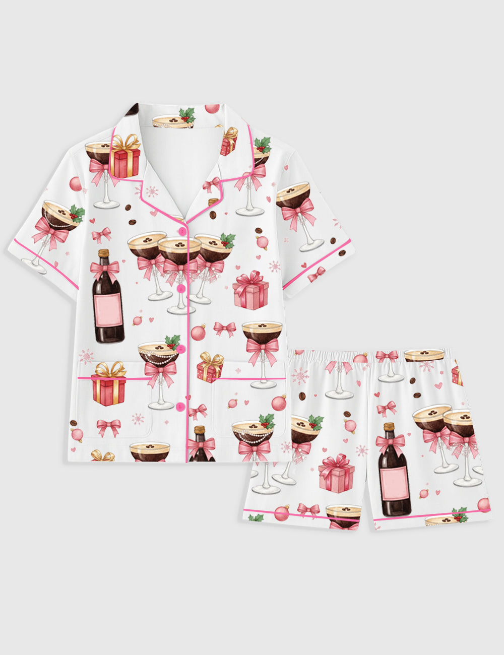 Women's Pink Champagne Cocktail Martini Holiday Whisky Christmas Gifts Short Sleeve Pocket Cotton Family Pajama Set