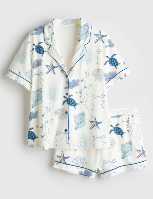Women’s Summer Beach Ocean Coastal Summer Nautical Turtle Conch Bow Bachelorette Short Sleeve Satin Pajama Set