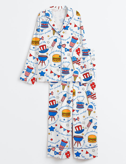 Women’s Liberal Fourth Of July Liberal Patriotic Secret Subtle FDT Print Long Sleeve Satin Pajama Set