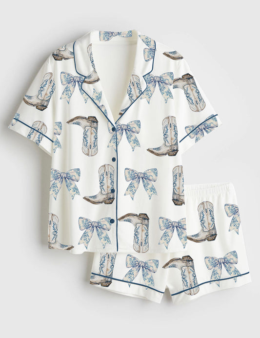Women's Coquette Blue Bow And Boots Cowgirl  Short Sleeve Satin Pajama Set