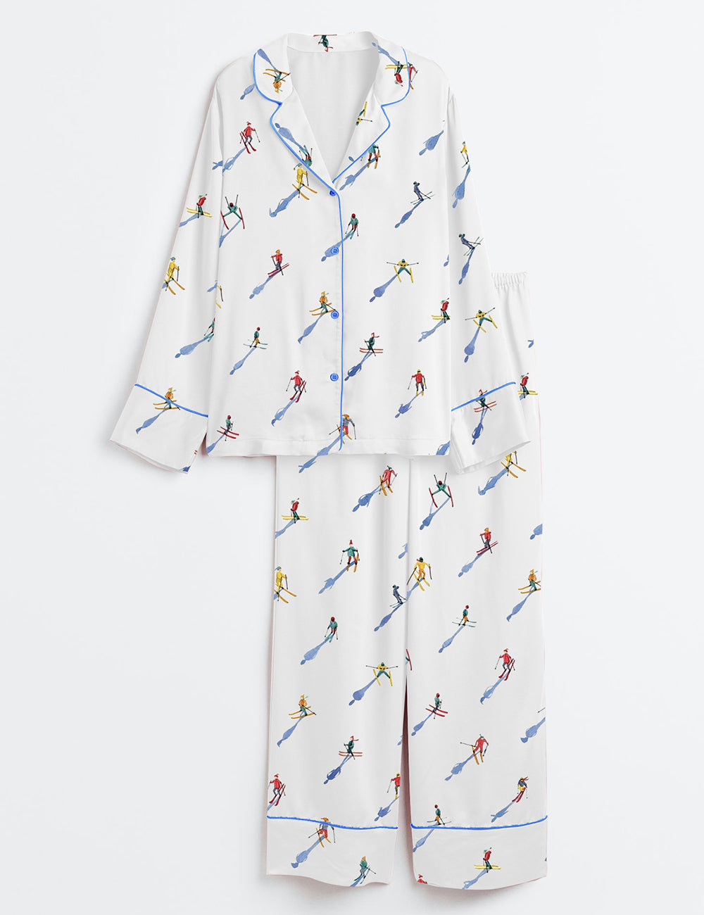 Women’s Apres Ski Mini Skier Minimalist Watercolor Ski Print Long Sleeve Satin Pajama Set