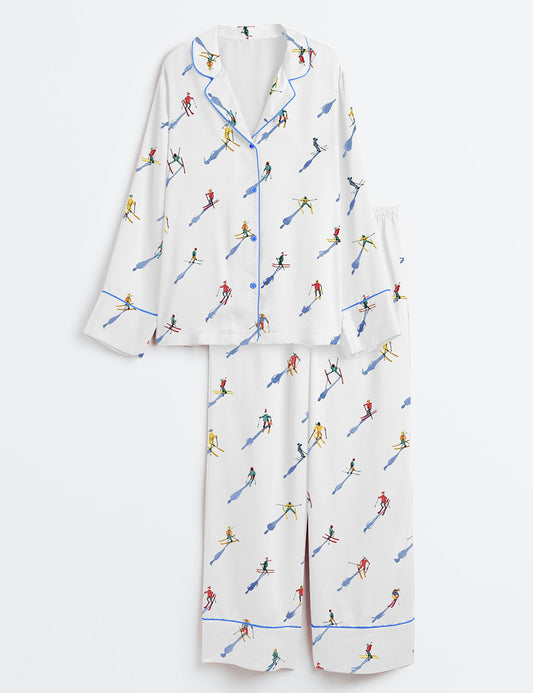 Women’s Apres Ski Mini Skier Minimalist Watercolor Ski Print Long Sleeve Satin Pajama Set
